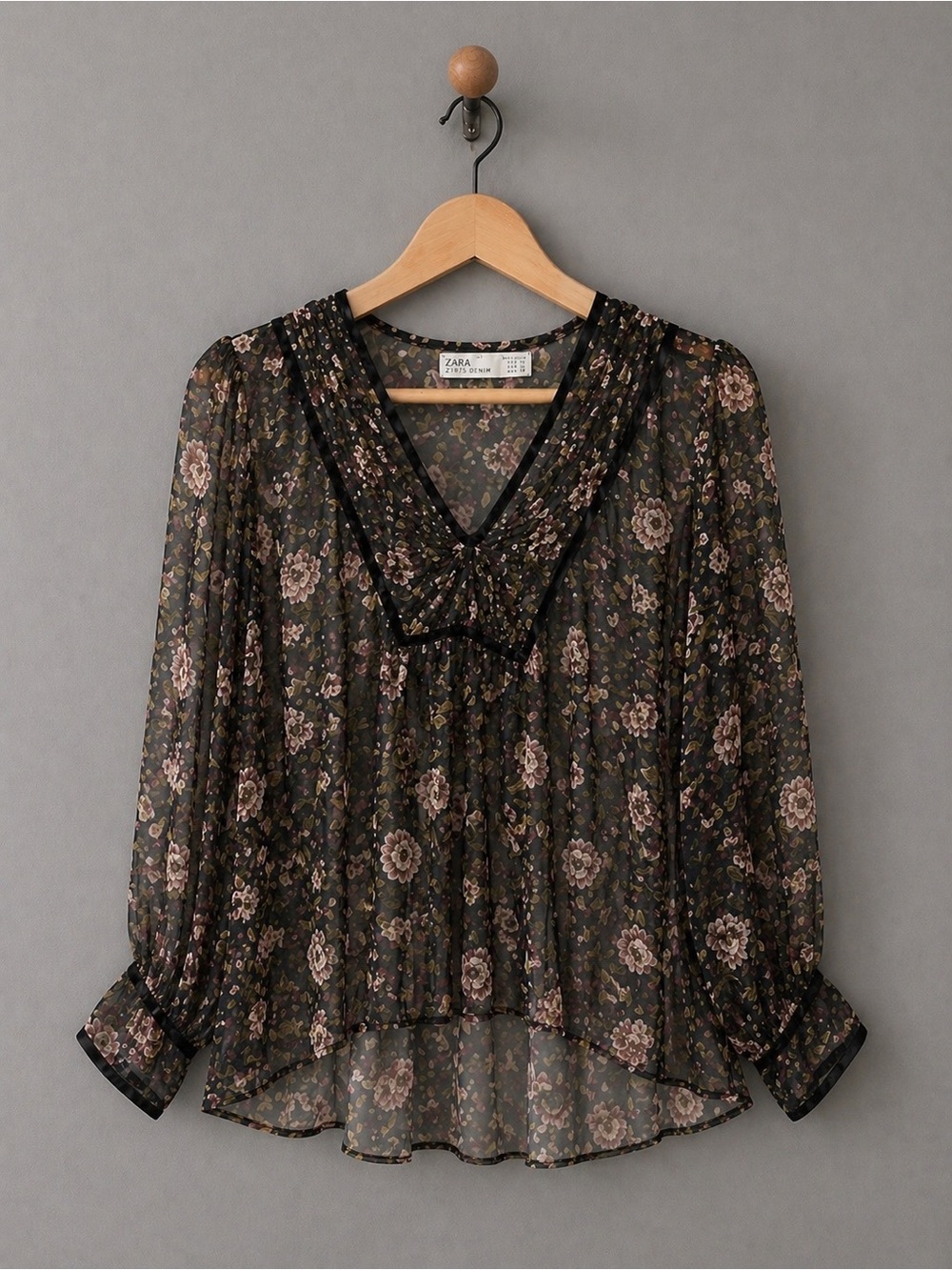 Zara Denim Sheer Floral Blouse M.  Boho Long Sleeve Flowy Peasant Top Black Pink